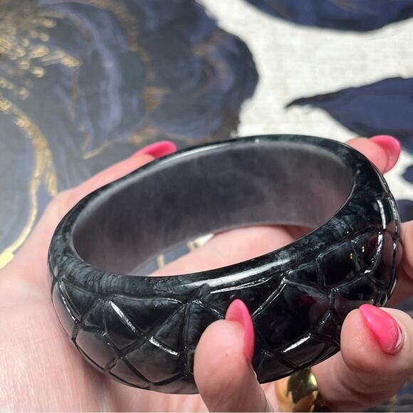 Vintage Rare Black Bakelite Textured Chunky Bangle Bracelet Crackle Effect D3 - Picture 7 of 16